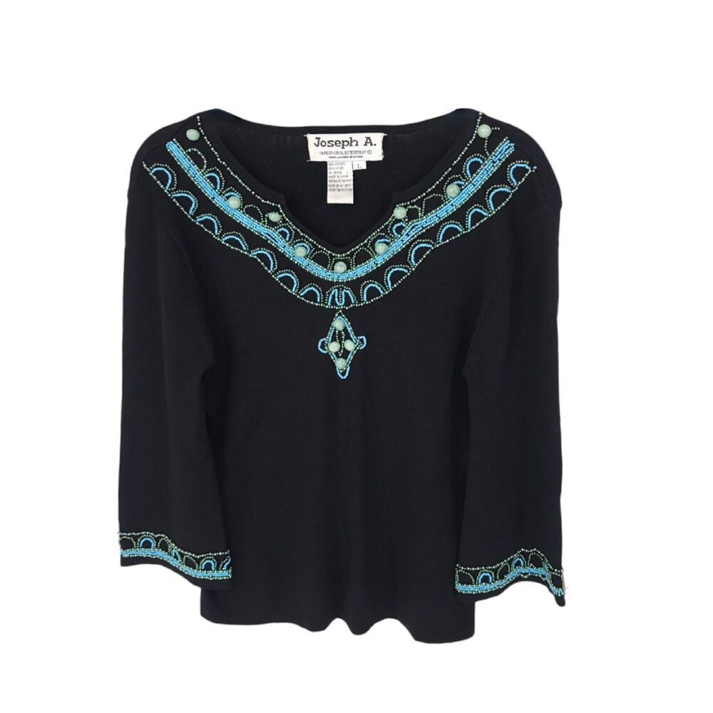 Joseph A Sweater Womens Large Vintage Beaded Top Stretch 3/4 Flare Sleeve Y2K